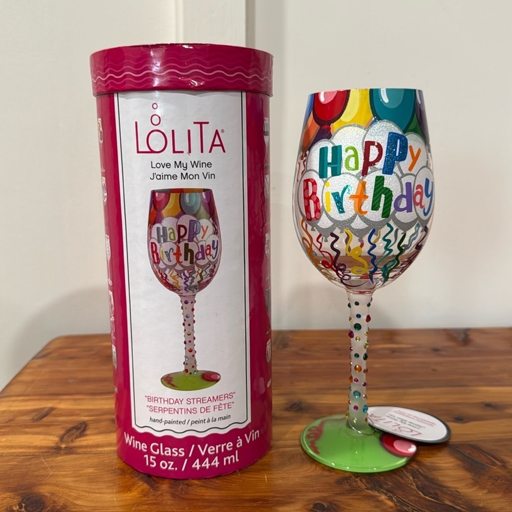 NEW Lolita Birthday Streamers Hand Painted Wine Glass